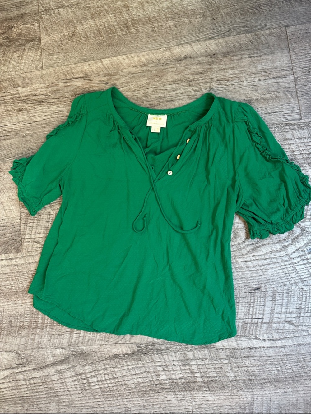 Maeve Emerald Green Peasant Blouse with Button Placket